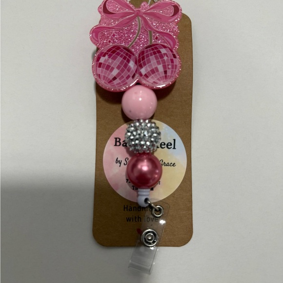 Pink Disco Cherry Beaded Badge Reel – Retractable ID Holder - Picture 3 of 3